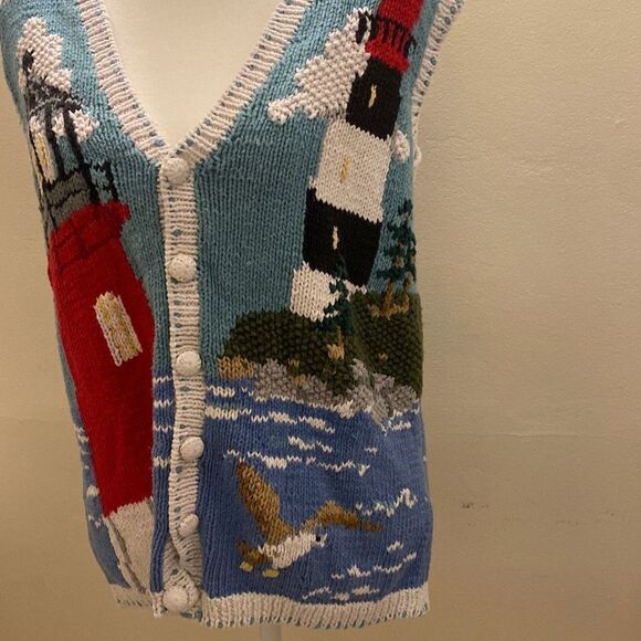 Eagle's Eye Vintage Lighthouse Coastal Themed Cardigan Sweater Vest Womens Sz L - Picture 2 of 16